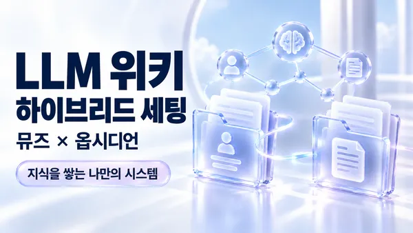 LLM 위키 하이브리드 세팅, 뮤즈와 옵시디언, 지식을 쌓는 나만의 시스템을 표현한 연결된 유리 폴더와 지식 노드